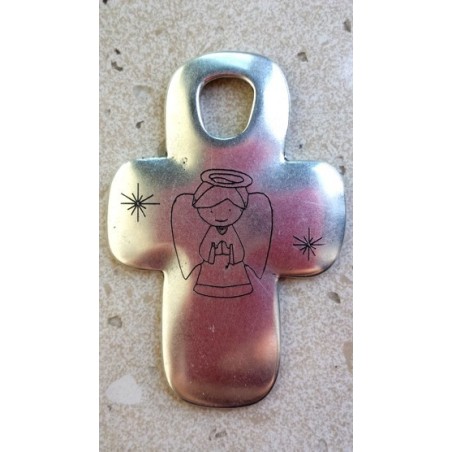 Pendente Zamak Cruz Grande 61x41mm "Anjo da Guarda" Prata Velha