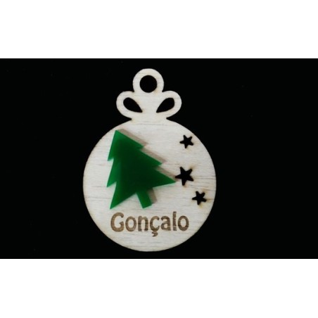 Bola de Natal Pinheiro Madeira/Acrílico + Nome Estrelas