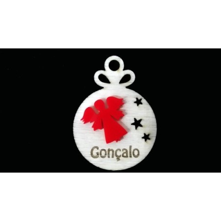 Bola de Natal "Anjo" Madeira/Acrílico + Nome Estrelas